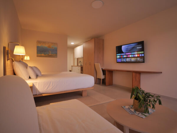 Double bed with a television on the wall inside the apartment