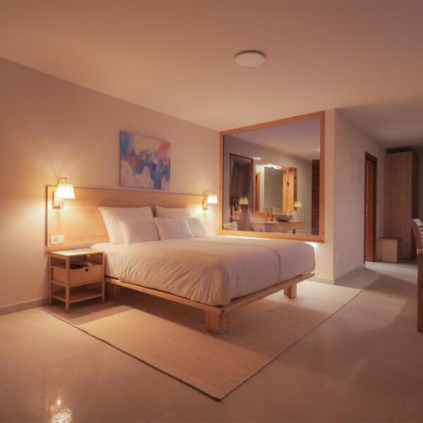 View of the apartment with spacious double bed by the window of whirpool bath