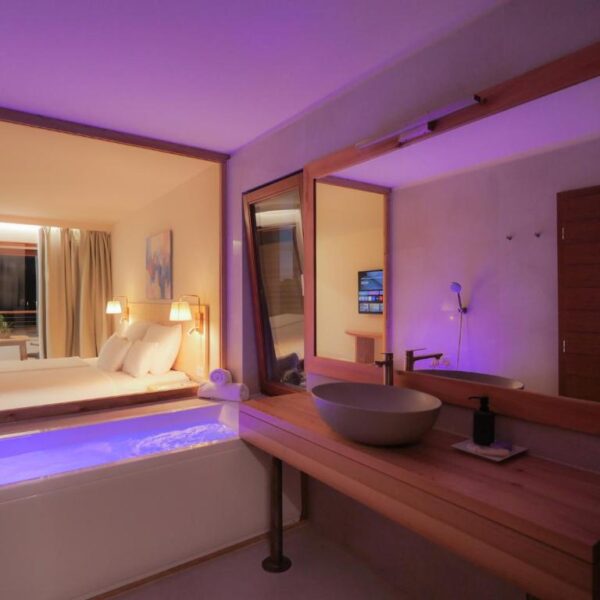 Bathroom with a big mirror , whirlpool bath and big window to the room