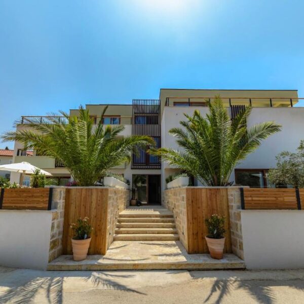 Front view of the villa with patio and palms covered in sun