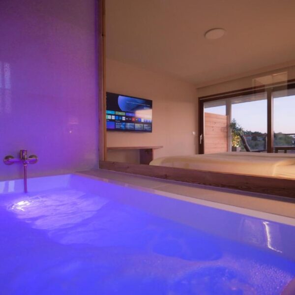 View of the room with television and bed to patio doors from whirlpool bath