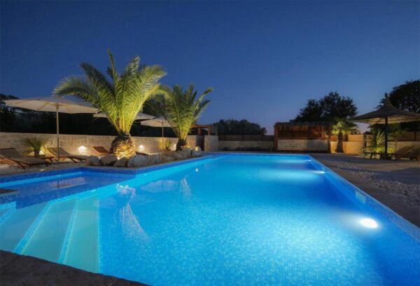 Night view of the illuminated outdoor pool with sun loungers and palms