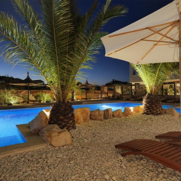 Evening view of pool and palms