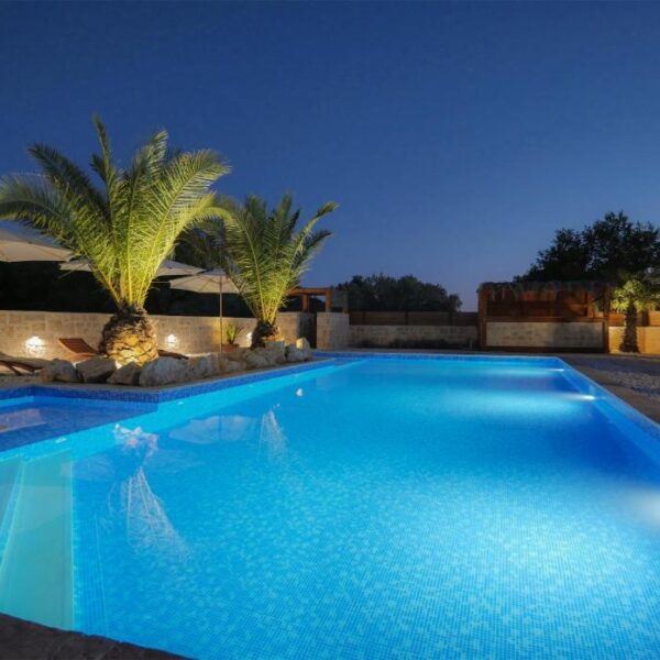 Evening view of pools and palms
