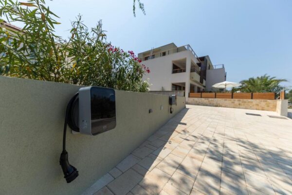 Multiple electric vehicle chargers placed at the parking spots