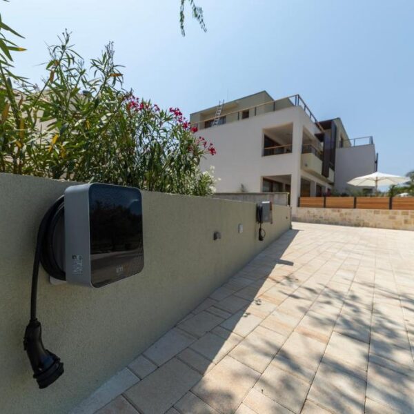 Multiple electric vehicle chargers placed at the parking spots