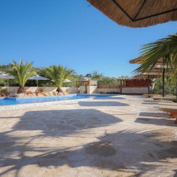 Sun covered terrace with view of the pool